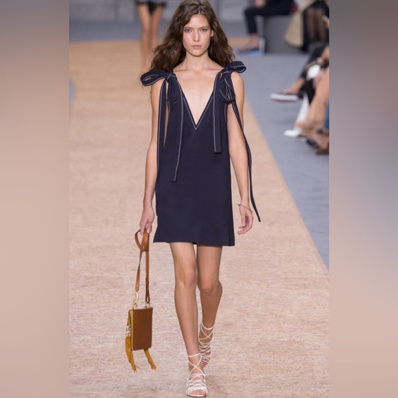 Zow Zow Shoulder Bow Mini Dress Navy Blue Small Similar To Chloé Dress Rare Find - Picture 1 of 16